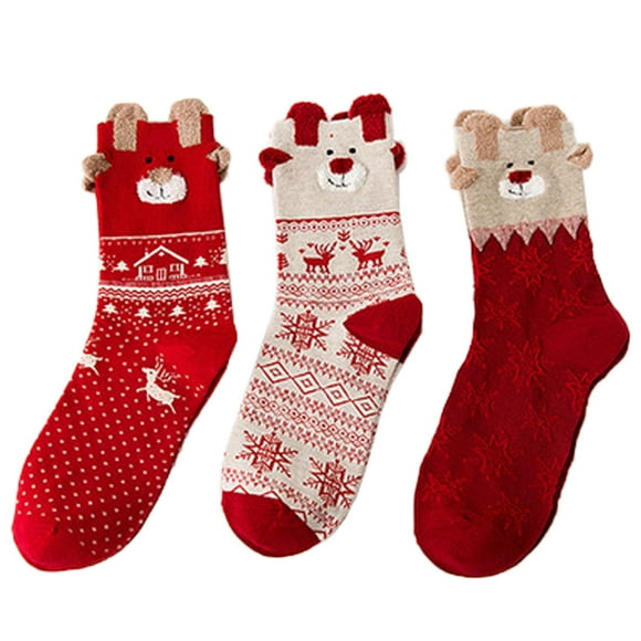 3 Pairs of Elk Pattern Christmas Socks Cartoon Stockings Adorable Socks Box