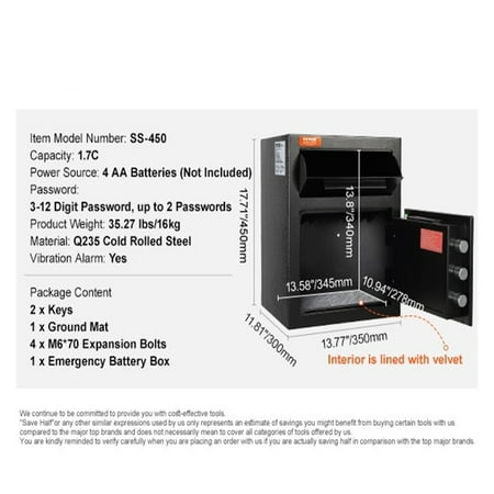 1.7/2.5 Cub Depository Safe Deposit Safe Electronic Code Lock & 2 Keys Business Drop Slot Safe for Cash Mail in Home Hotle Easy to Use