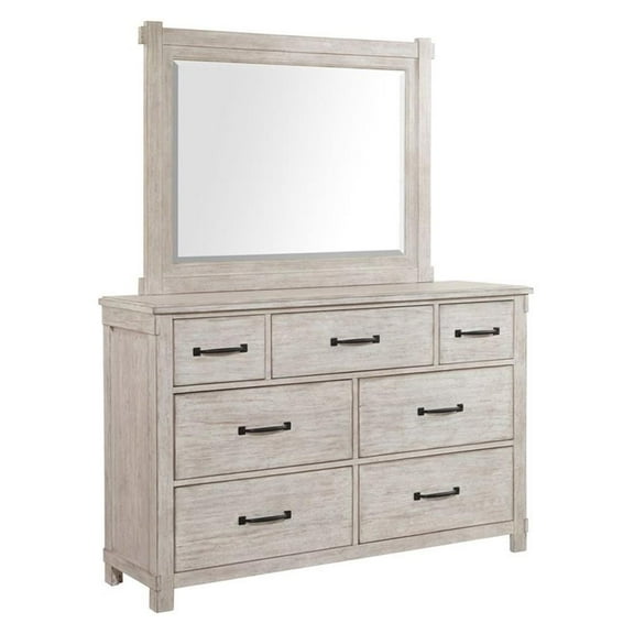 Pemberly Row Farmhouse 7-Drawer Wood Dresser with Mirror Set in White