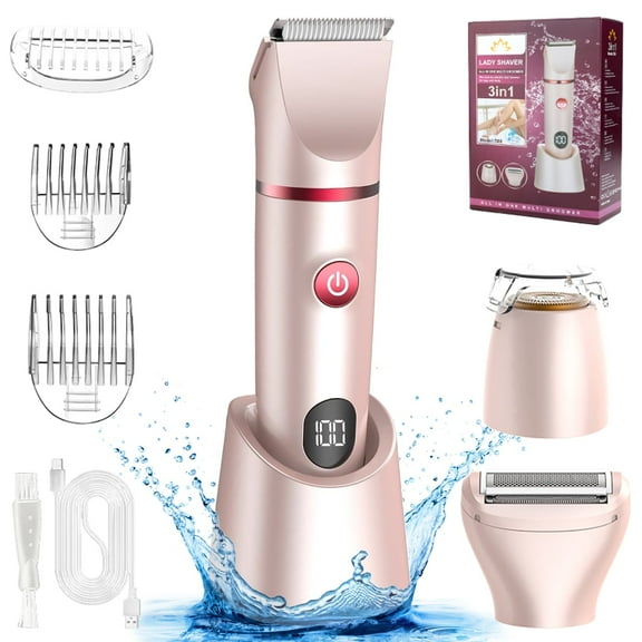RNKR Bikini Trimmer for Women, 3 in 1 Rechargeable Electric Razor with LCD Display, Waterproof Pubic Hair Trimmer and Facial Hair Remover, Body Shaver with Travel Lock, Pink