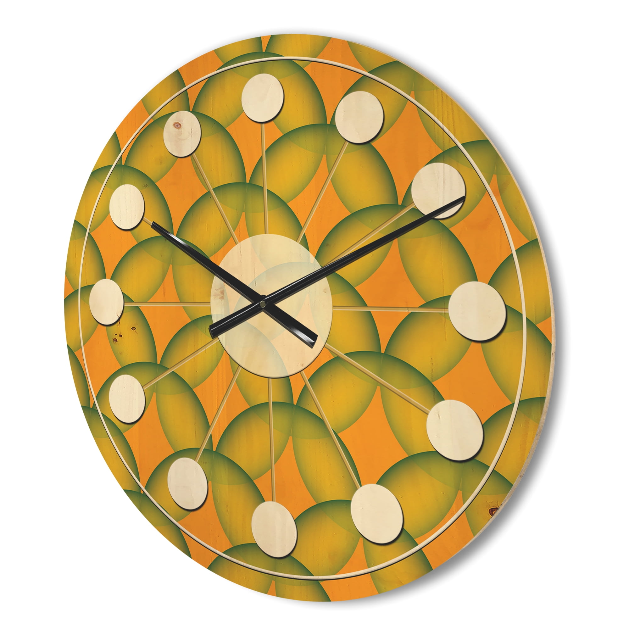 Designart 'Abstract Retro Design In Yellow and Green ' Mid-Century Modern Wood Wall Clock