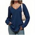 thumbnail image 2 of Oksale V Neck Cotton Undershirts for Women Soft Long Sleeve Winter Shirts for Home Lightweight Cozy Solid Tops Blue M, 2 of 6
