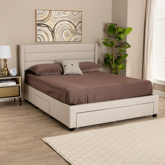 Baxton Studio Braylon Mid-Century Modern Transitional Beige Fabric and Dark Brown Finished Wood Queen Size 3-Drawer Storage Platform Bed