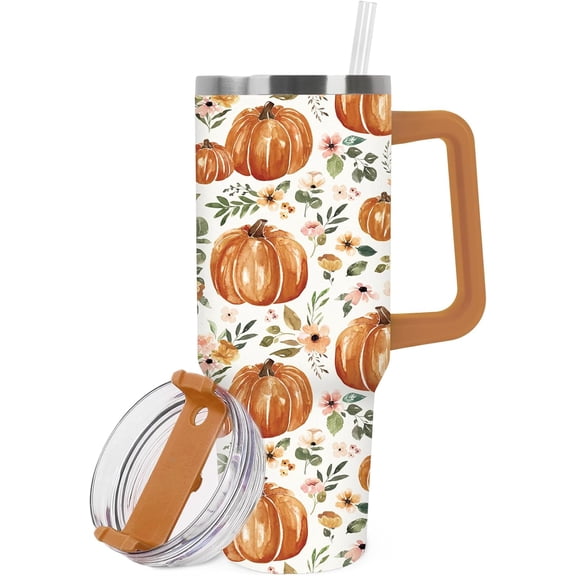 FYSUIMU Fall Tumbler with Handle 40oz Orange Pumpkin Green Leaves Tumbler with Lid Straw Watercolor Stainless Steel Cup for Autumn Thanksgiving Home Office Travel