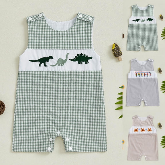 larppty Newborn Baby Boys Sleeveless Seersucker Romper One Piece Straps Overalls Striped Jumpsuit Summer Smocked Clothes(Brown, 6-12 Months)