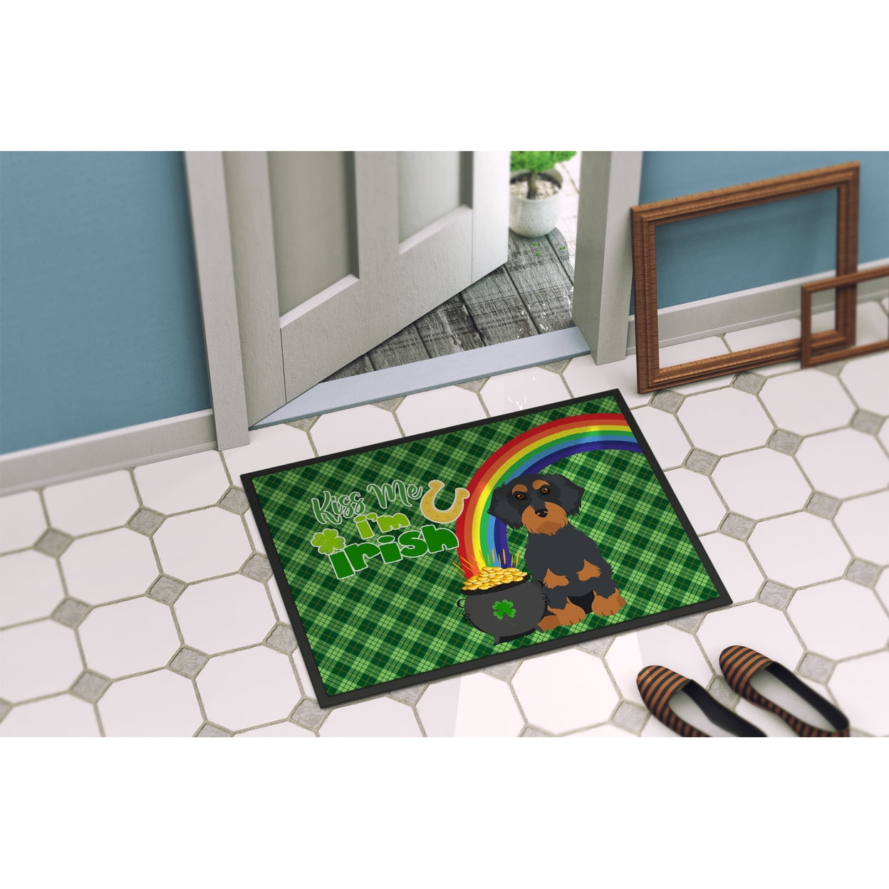 Wirehair Black and Tan Dachshund St. Patrick's Day Indoor or Outdoor Mat 24x36 36 in x 24 in
