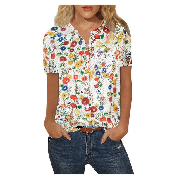 Moda mujer Casual cuello redondo botón manga corta estampado suelto pulóver blusa camisa Tops Fridja ghk427