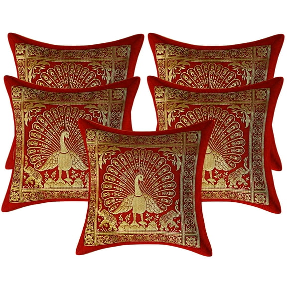 Stylo Culture Ethnic Living Room Brocade Burgundy Maroon And Gold Throw Pillow Covers 12x12 Jacquard Weave Sofa Living Room Pillow Covers Peacock 30x30 cm Decorative Cushion Covers (Set Of 5)