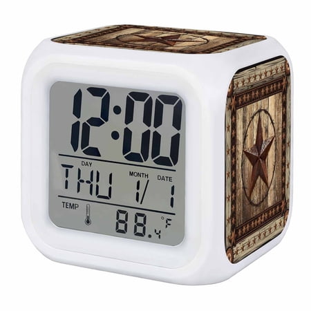 Western Farmhouse Digital Alarm Clock for Bedrooms,Smart LED Alarm Clock with 7 Color Night Light,Primitive Rustic Country Retro Texas Star Silent Wake Up Clocks for Sleep Study Cooking 3.2x3.2