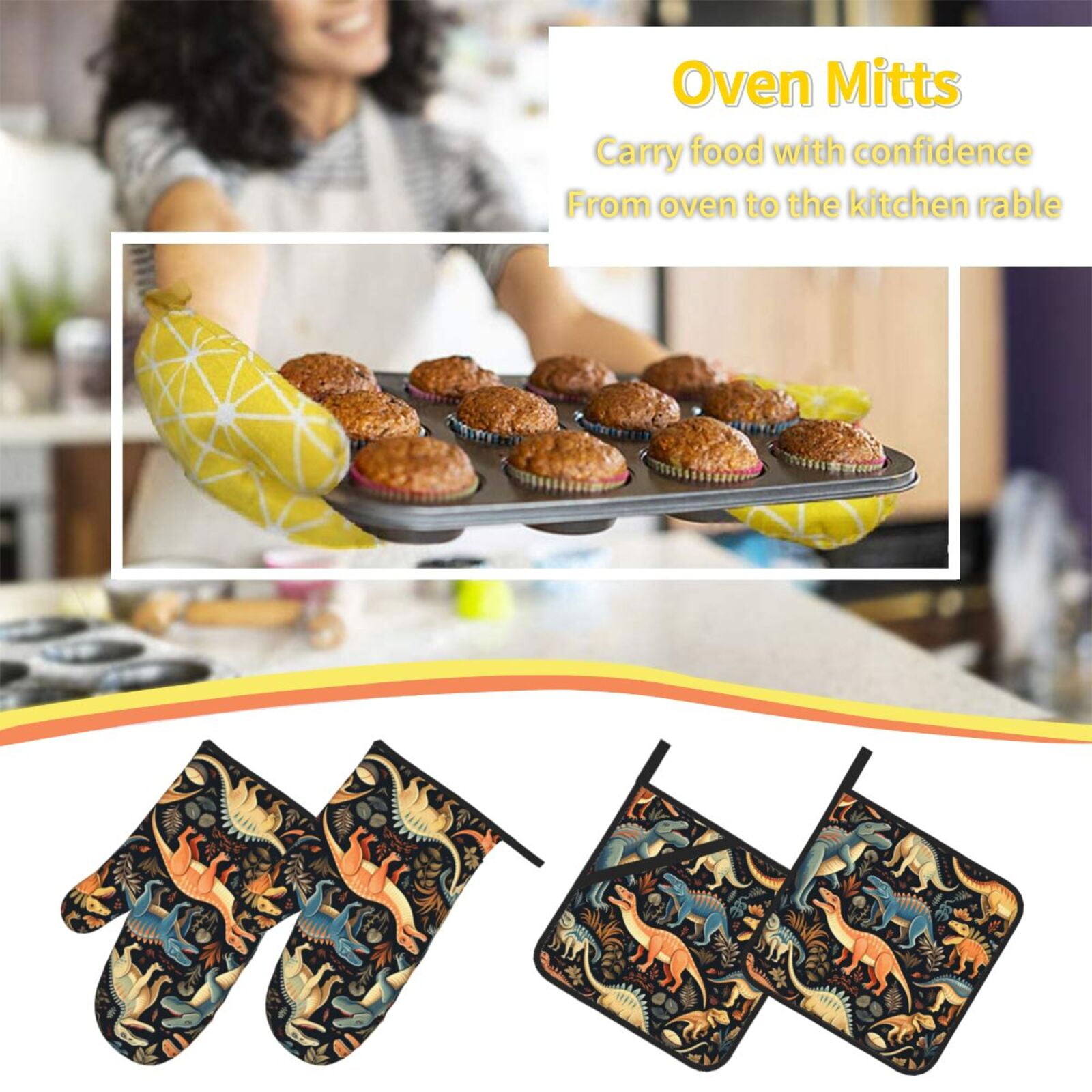 Dino Dinosaur Art 4Pcs Oven Mitts and Pot Holders Sets Oven Kitchen Gloves Hot Pads for Cooking BBQ Baking Grilling