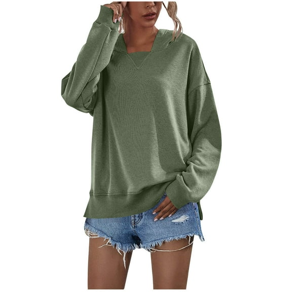 Bnwani Fall and Winter Women's Hoodies Ribbed Cuffs Long Sleeve Sweatshirt Patchwork Solid Color Pullover Tops Green L