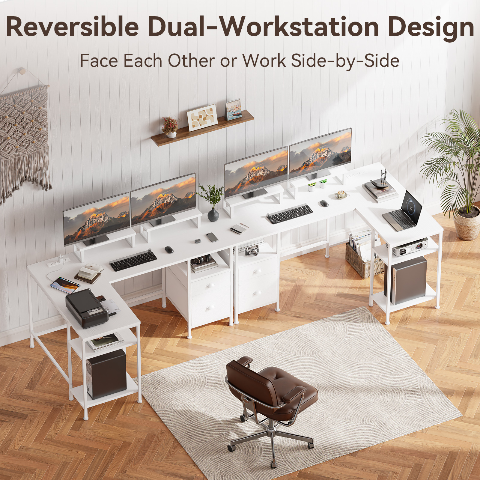 Satifur 59-Inch L-Shaped Computer Desk with Power Outlets, White photo 4