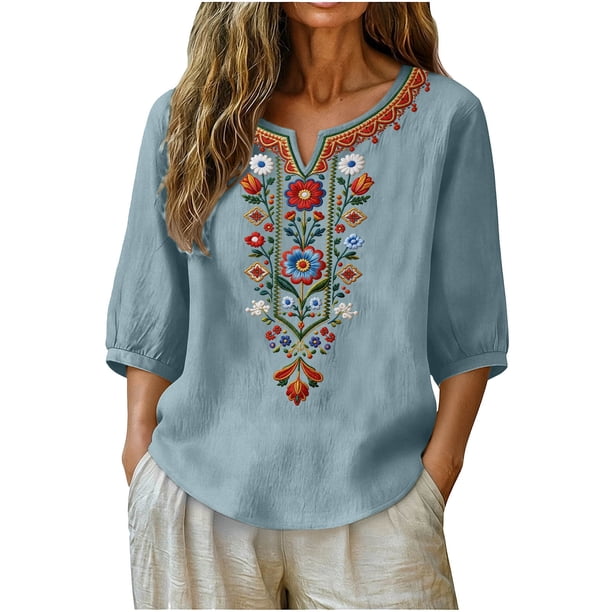 Neewe Women's Embroidered Tops 3/4 Sleeve Traditional Boho Shirts for Women V Neck Peasant Tunic Blouses