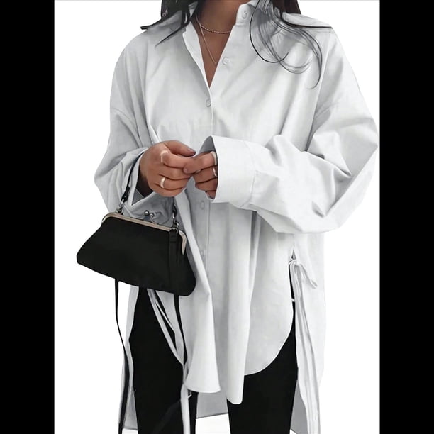Camisas de Botones Extragrandes para Mujer, Blusas de Larga con Aberturas, Corte Alto y Bajo S