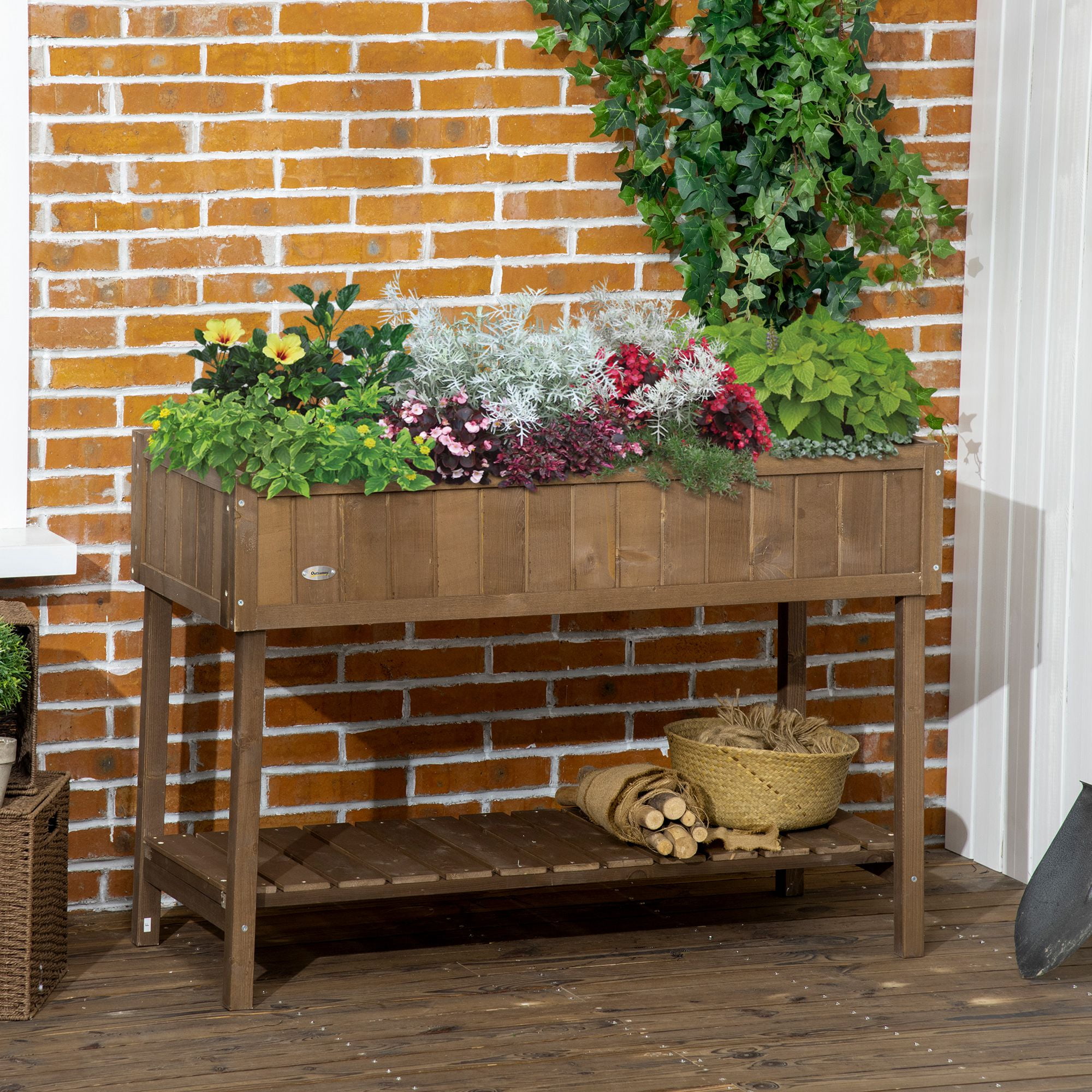 Raised Garden Bed with 8 Pockets and Shelf, Wooden Elevated Planter Box with Legs to Grow Herbs, Vegetables, and Flowers, Dark Brown 43x18x30"