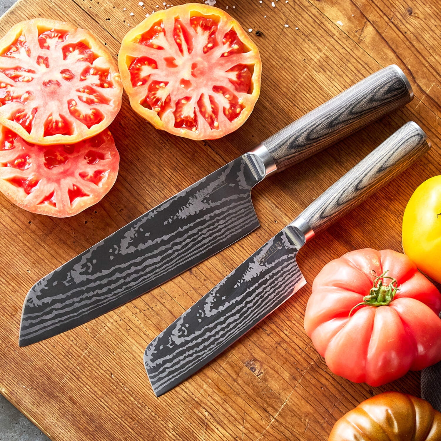 GreenPan x Bobby Flay 5” & 7” Santoku Knife Set, Premium Stainless Steel Blades, Precision Cutting Kitchen Tools, Ultra-Versatile Cutlery, Hand Finished Wood Handle, Damascus Steel Design