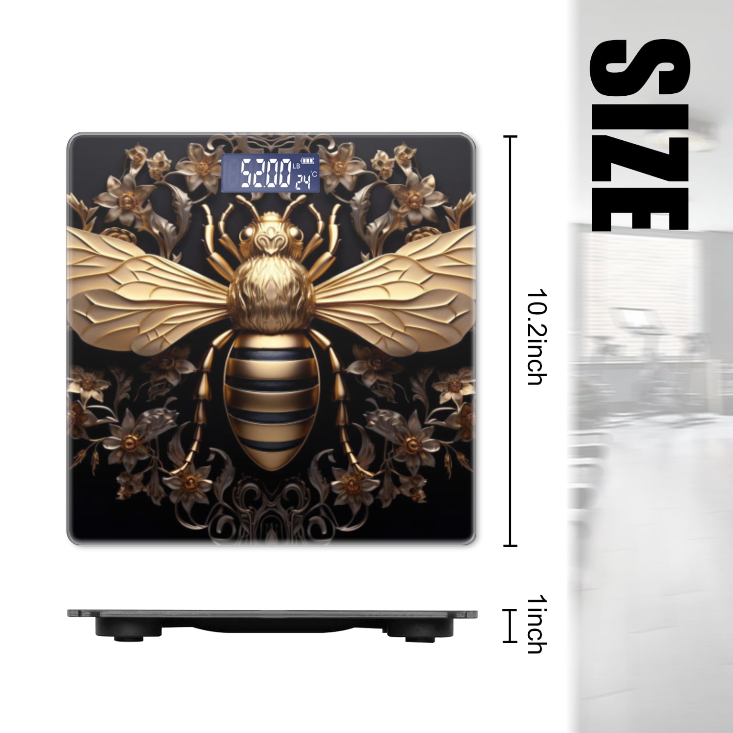 High Precision Body Weight Scale Smart Bathroom Scales with Large LCD Display(400lbs),Decorative for Bedroom-Golden Bee On Black Background