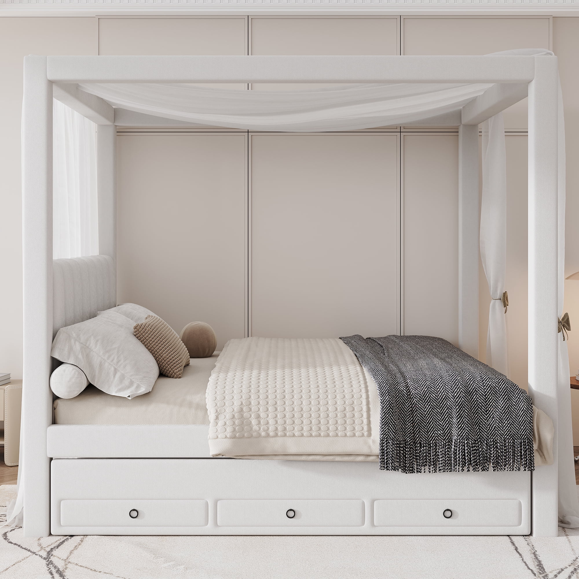 Euroco Upholstery Canopy Queen Platform Bed with Twin Trundle and 3 Drawers, Beige