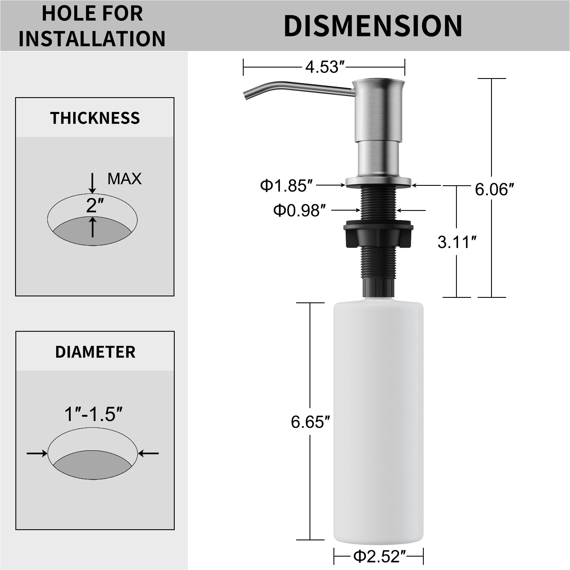 PAIHOME Brushed Nickel Soap & Lotion Dispenser, Built in Stainless Steel Kitchen Sink Soap Dispenser with 17oz Bottle