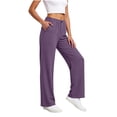thumbnail image 4 of Nhthy Women's Summer Linen Loose Pants Straight Leg Trousers Button Elastic Waist Pockets Purple L, 4 of 7
