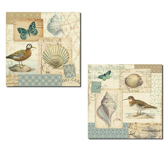 Beautiful Seabird, Butterfly, Shell and Music Note Collage by Pela; Coastal Decor; Two 12x12in Poster Prints. Light Blue/Tan