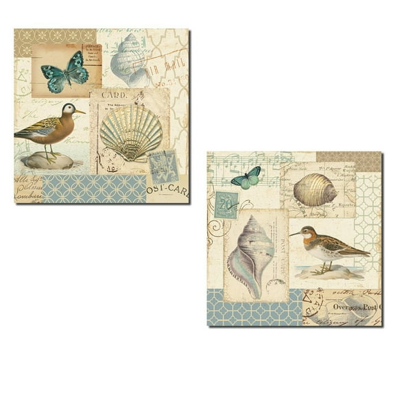 Beautiful Seabird, Butterfly, Shell and Music Note Collage by Pela; Coastal Decor; Two 16x16in Paper Giclee Prints