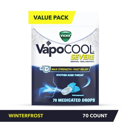 Vicks Vapocool Severe Medicated Sore Throat Drops, Menthol, Value Pack, Winterfrost Flavor, 70 Count