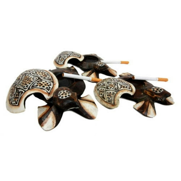 Balinese Wood Handicrafts Polkadot Shell Turtle Family Ashtray Box Figurine Set