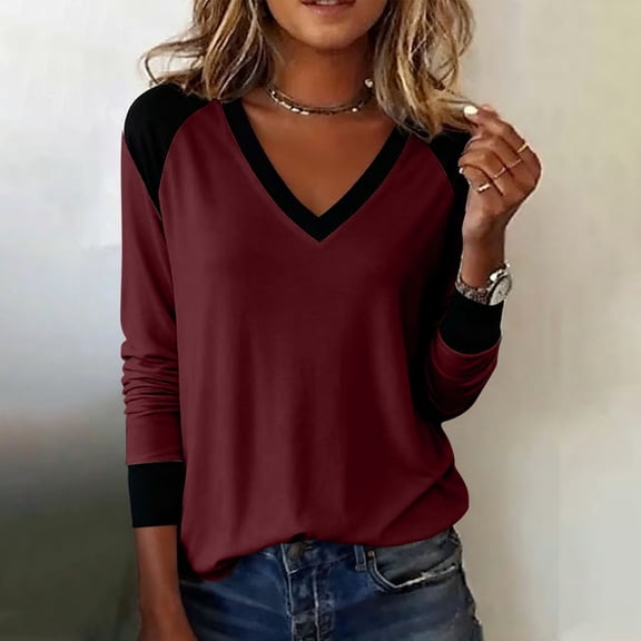 Women Long Sleeve T-Shirts Fall Tops Casual Colorblock Soft Tunic V Neck Basic Workout Clothes Fashion Outfits