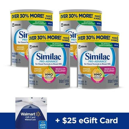 Free $25 Walmart eGift Card with purchase of (4) Similac Pro-Advance Non-GMO with 2-FL HMO Infant Formula with Iron for Immune Support, Baby Formula 30.8 oz Value Size