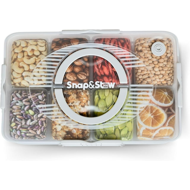 WWS-Snap and Stow Dishwasher Safe, Snackle Box, Stackable 8 Divided Snack Box Bowls, Charcuterie Tray with Lid, Veggie Containers with Lids, Reusable BPA Free Plastic (1 unit, Transparent)