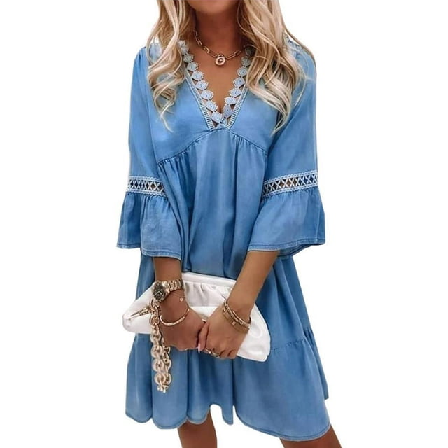 Robe Maxi Basique pour Femmes, Ample, en Dentelle Rem, Robe Décontractée à Manches Mi-Longues, Tenue de Vacances