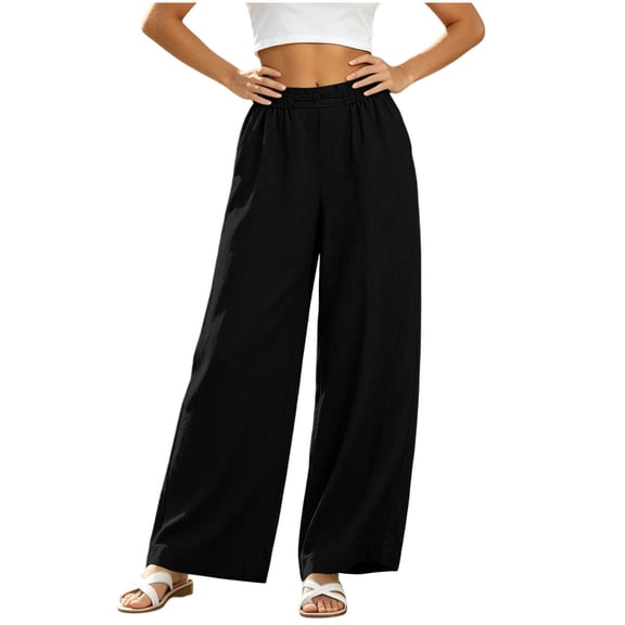 Sahpxhe Womens Cotton Linen Pants Wide Leg Elastic High Waist Loose Straight Palazzo Pants Flowy Lightweight Breathable Trousers Black M