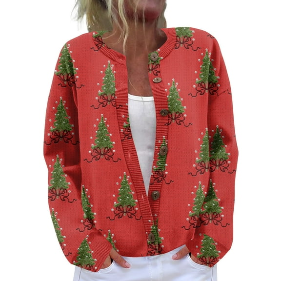 Women's Cardigan Long Sleeve Lightweight Fun Christmas Print Jacket with Button Front for Holiday Fashion and Casual Wear,Red,2XL