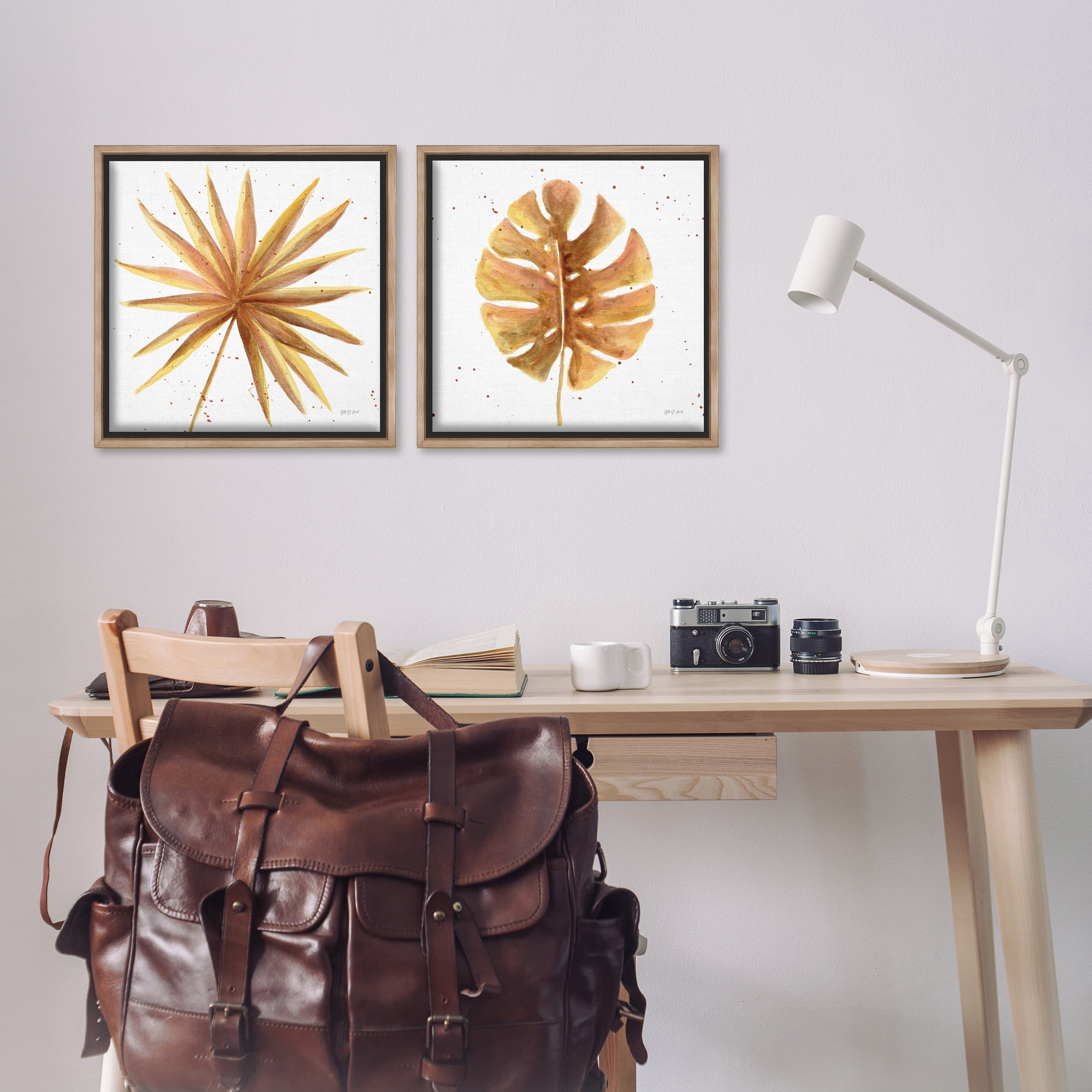 Stupell Industries Golden Palm Monstera Leaves Plants & Flowers Painting Brown Floater Framed Canvas Art Print Wall Art, 18 x 18, Set of 2
