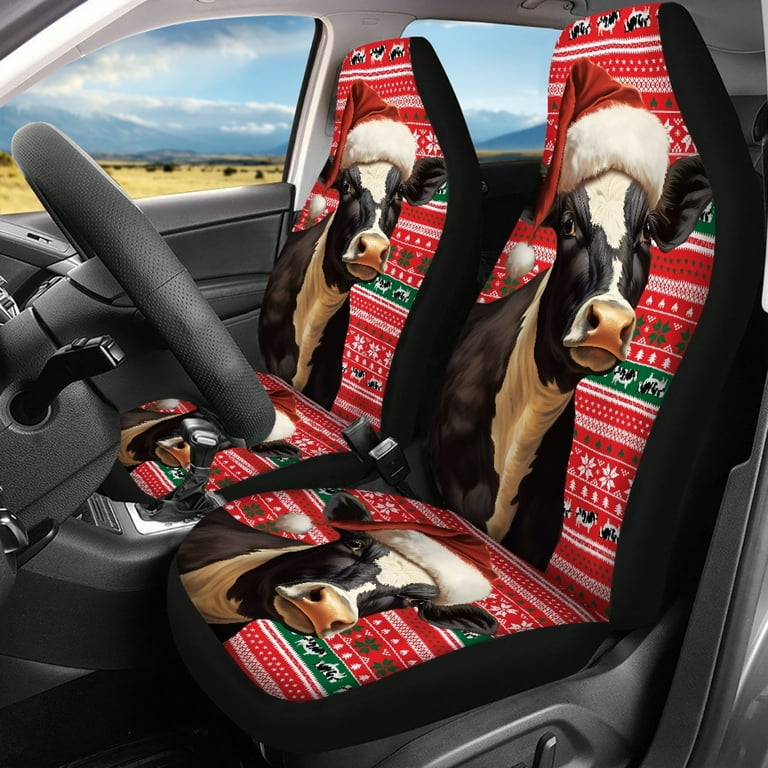Xoenoiee Cow Ugly Christmas Print Car Seat Cover Full Set for Most Cars SUVs Universal Dustproof Anti Scratch Car Front Seat Cover and Split Rear