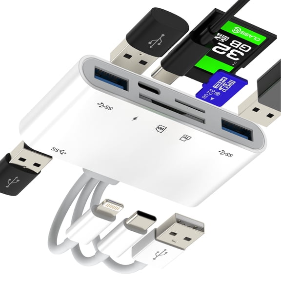 USB C Lightning USB HUB (6in1)for Apple OTG 3.0 Adapter Type C Charger Cable Converter TF SD Card Reader for iPhone 16 15 14 Pro for iPad Micro SD Memory Photo Transfer External Storage Stick