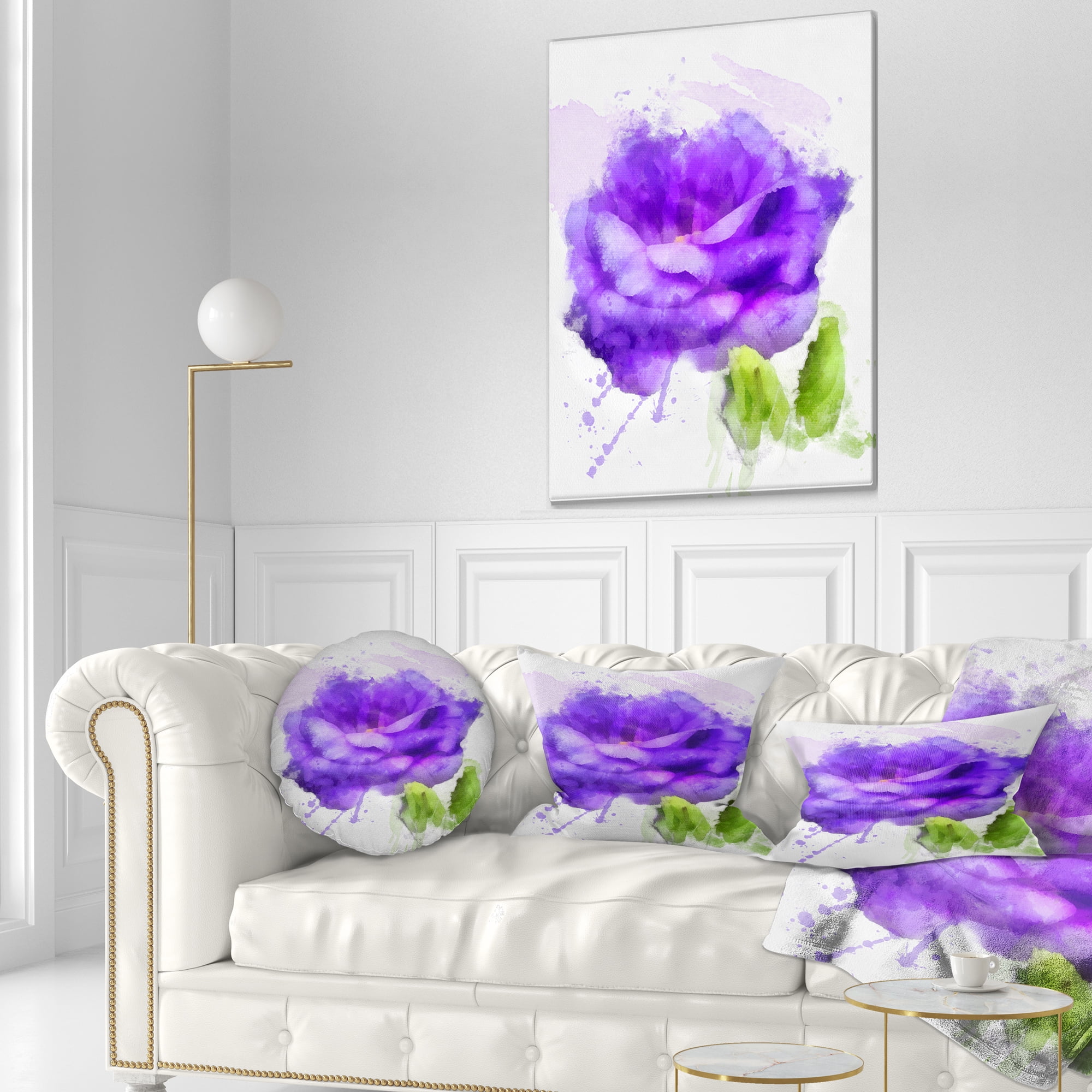 Designart Blue Rose Flower with Paint Splashes - Floral Throw Pillow - 12x20