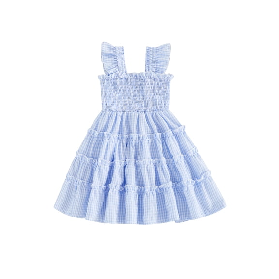BemeyourBBs Toddler Baby Girl Plaid Gingham Dress Little Girl Summer Smocked Sundress Ruffled Trim Flying Sleeve A Line Casual Dress