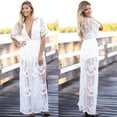 thumbnail image 2 of Women Flare Short Sleeve Sexy Deep V-Neck Maxi Long Dress Double Layer Embroidery Floral Lace Side Split Party Gown, 2 of 11