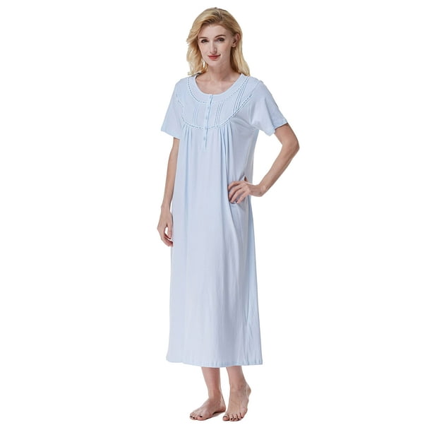 Keyocean Women Nightgown, Soft comfortable 100% cotton Lace Trim Short  Sleeve Ladies Sleeping gown, Light Blue, Medium (M) 