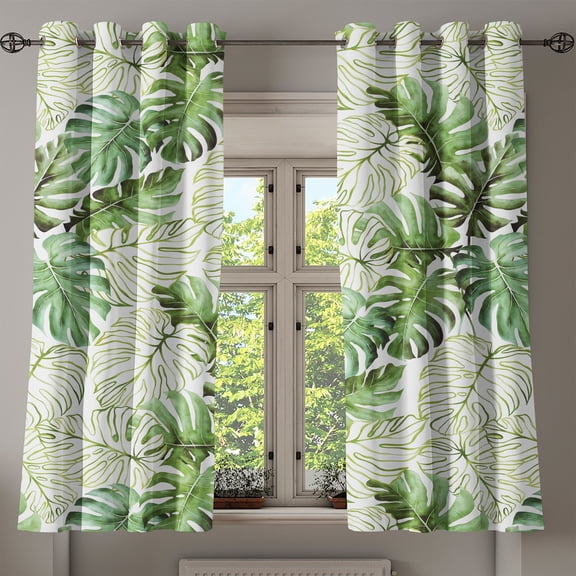 Ambesonne Tropical Grommet Curtain, Palm Foliage Watercolor, 50"x63", Pale Reseda Green White