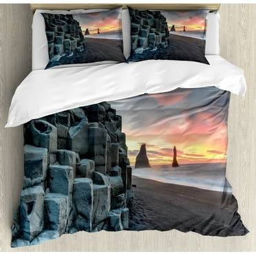 Iceland Duvet Cover Set King Size, Wide View of Reynisdrangar Rock Formations on Reynisfjara Beach at Sunrise, Decorative 3 Piece Bedding Set with 2 Pillow Shams, Multicolor, by Ambesonne