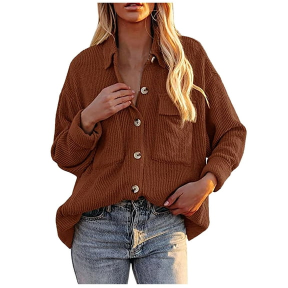 Shacket Jacket for Women Casual Vintage Plain Color Long Sleeve Shirts Plus Size Corduroy Lapel Coats with Pockets