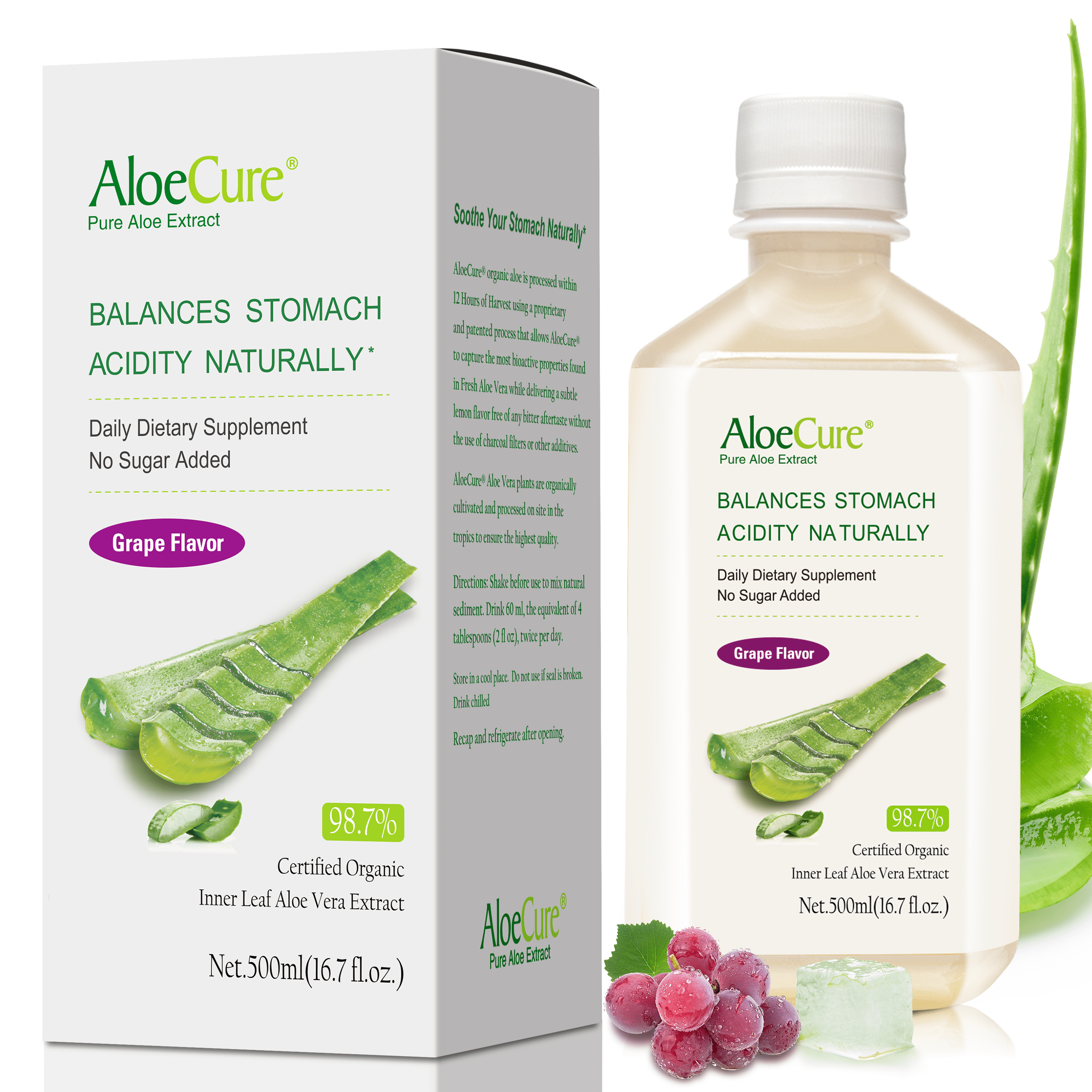 AloeCure USDA Organic Aloe Vera Juice Grape Flavor, Made Within 12