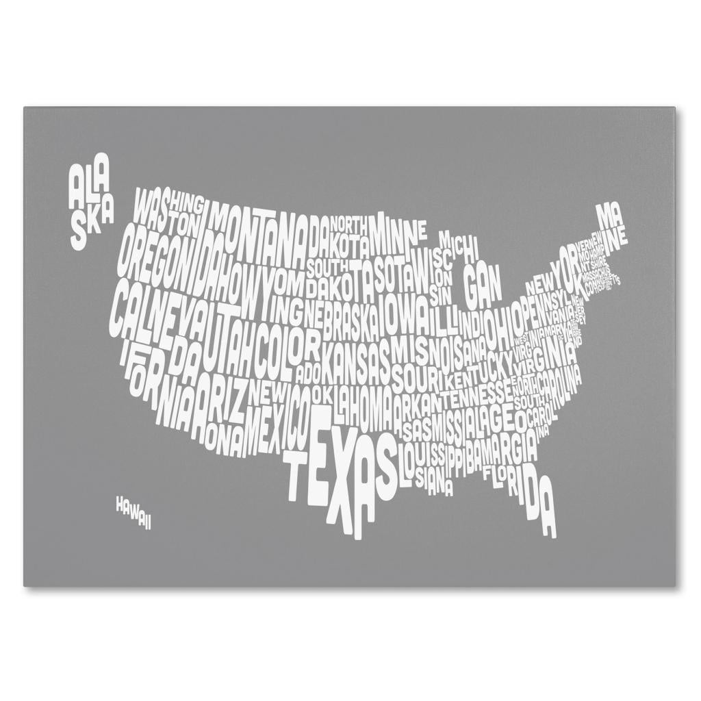 Trademark Art 'GREY-USA States Text Map' Canvas Art by Michael Tompsett