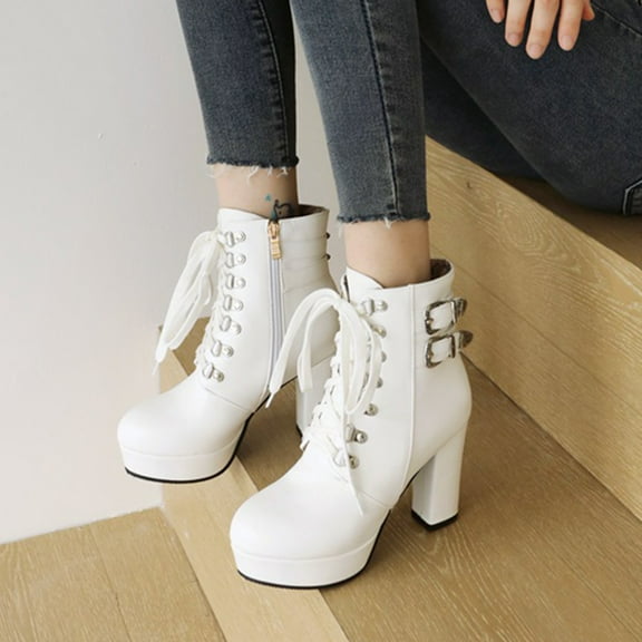 HUPOM Womens Boots Heels High Heel Rubber Zip-Up Ankle Boots For Women White 38(US:6.5)