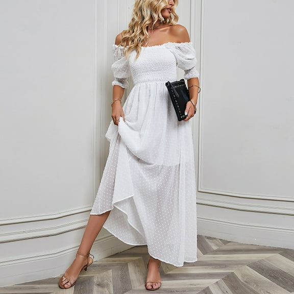 Wycnly Womens Dresses Short Sleeve One Line Neck Solid Casual Maxi Summer Dress Sexy Off Shoulder Lace Layer Evening Party Formal Dresses White M