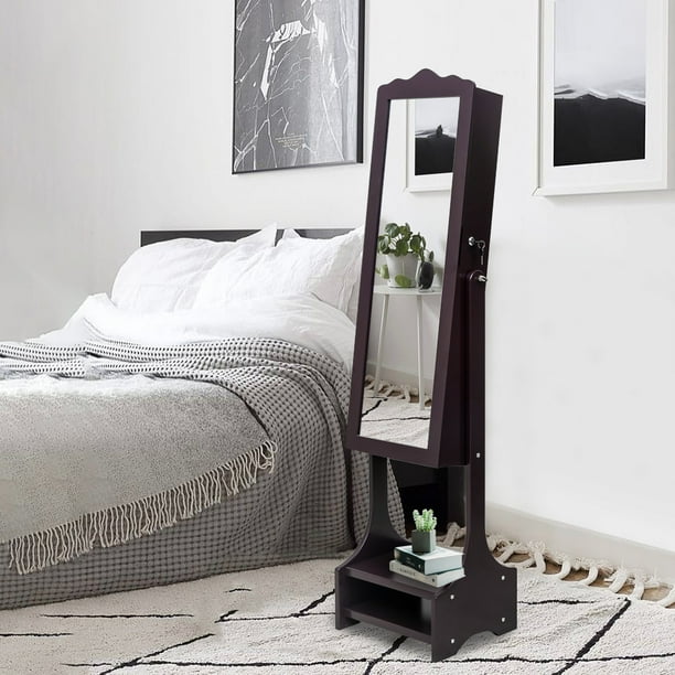 Tbest 3 Layer Jewelry Armoire Wooden Floor Standing Cabinet W 2 Drawers Organizer With Mirror For Earrings Bracelets Rings Necklace Dark Brown Com Tbest 3 Layer Jewelry Armoire, Floor Standing Jewelry Armoire Mirror