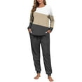 thumbnail image 4 of AINIYS Womens Pjs 2 Piece Crewneck Long Sleeve Pullover Pajamas Cuffed Pants Soft Color Block Sleepwear Casual Loungewear Sets Khaki Pajamas for Women _j L, 4 of 7